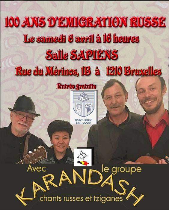 Affiche. 100 ans d|émigration russe, avec le groupe Karandash. Chants russes et tziganes. 2019-03-24